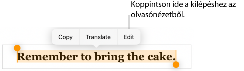 Egy kijelölt mondat, amely fölött a Másolás és Szerkesztés gombokat tartalmazó környezetfüggő menü látható.
