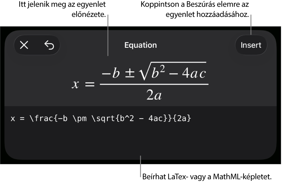 Az Egyenlet párbeszédpanel, amelyen egy, a MathML-parancsok használatával írt egyenlet, felül pedig az egyenlet előnézete látható.