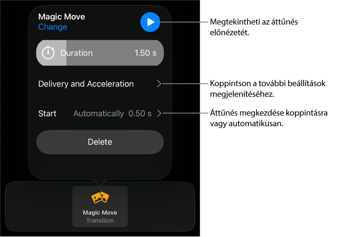 A Varázsmozgás vezérlői az Áttűnések panelen.