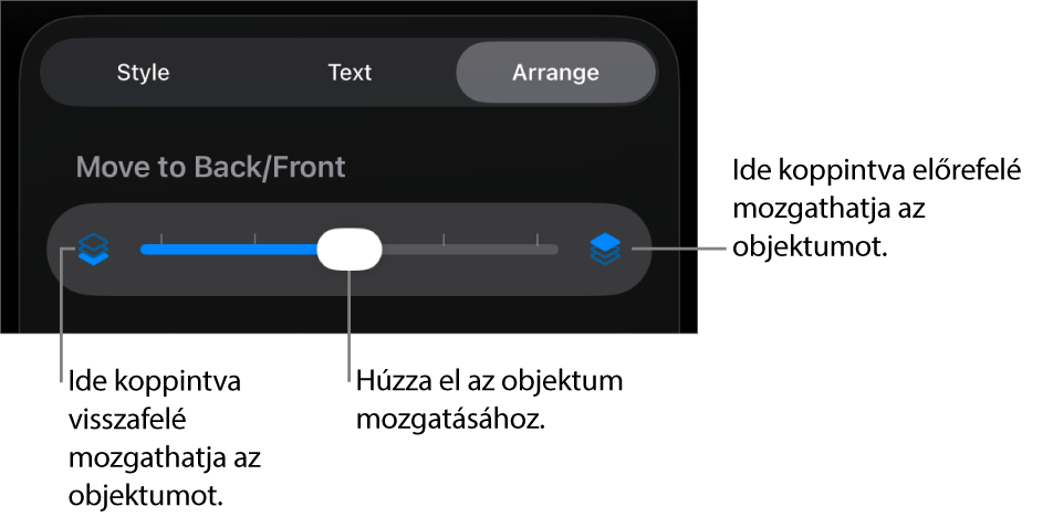 Visszafelé mozgatás gomb, Mozgatás előre gomb és a rétegezés csúszka.
