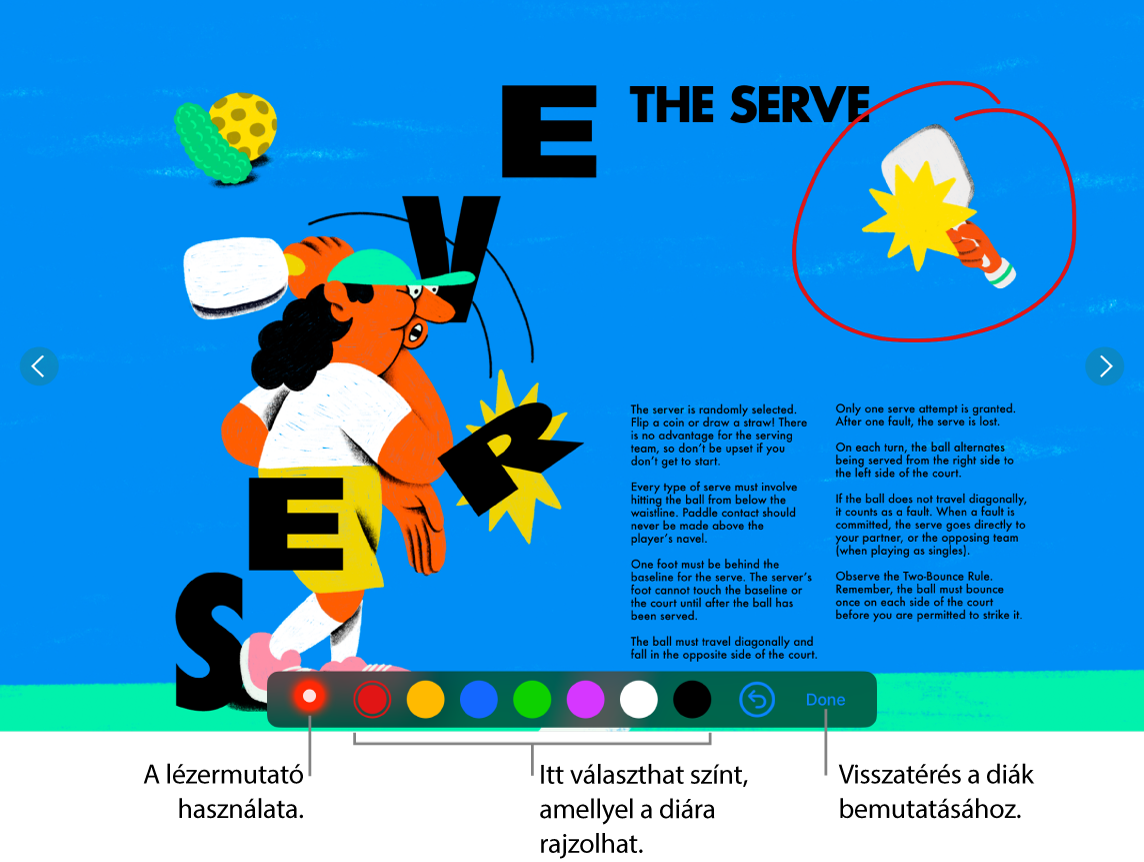 Diaillusztrálási módban lévő dia a lézermutatóval és a színválasztás-vezérlőkkel.