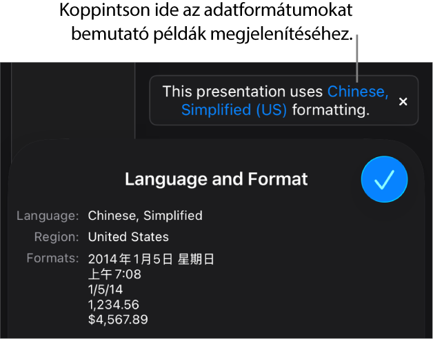 Értesítés az eltérő nyelvi és regionális beállításokról, és látható néhány példa az adott nyelvre és régióra jellemző formátumokra.