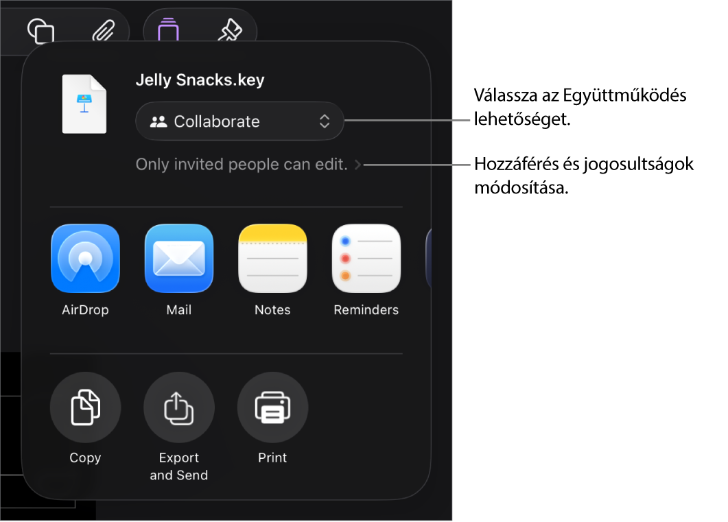 A Megosztás menü a felül kijelölt Együttműködés lehetőséggel, és az alatt látható hozzáférési és jogosultsági beállításokkal.