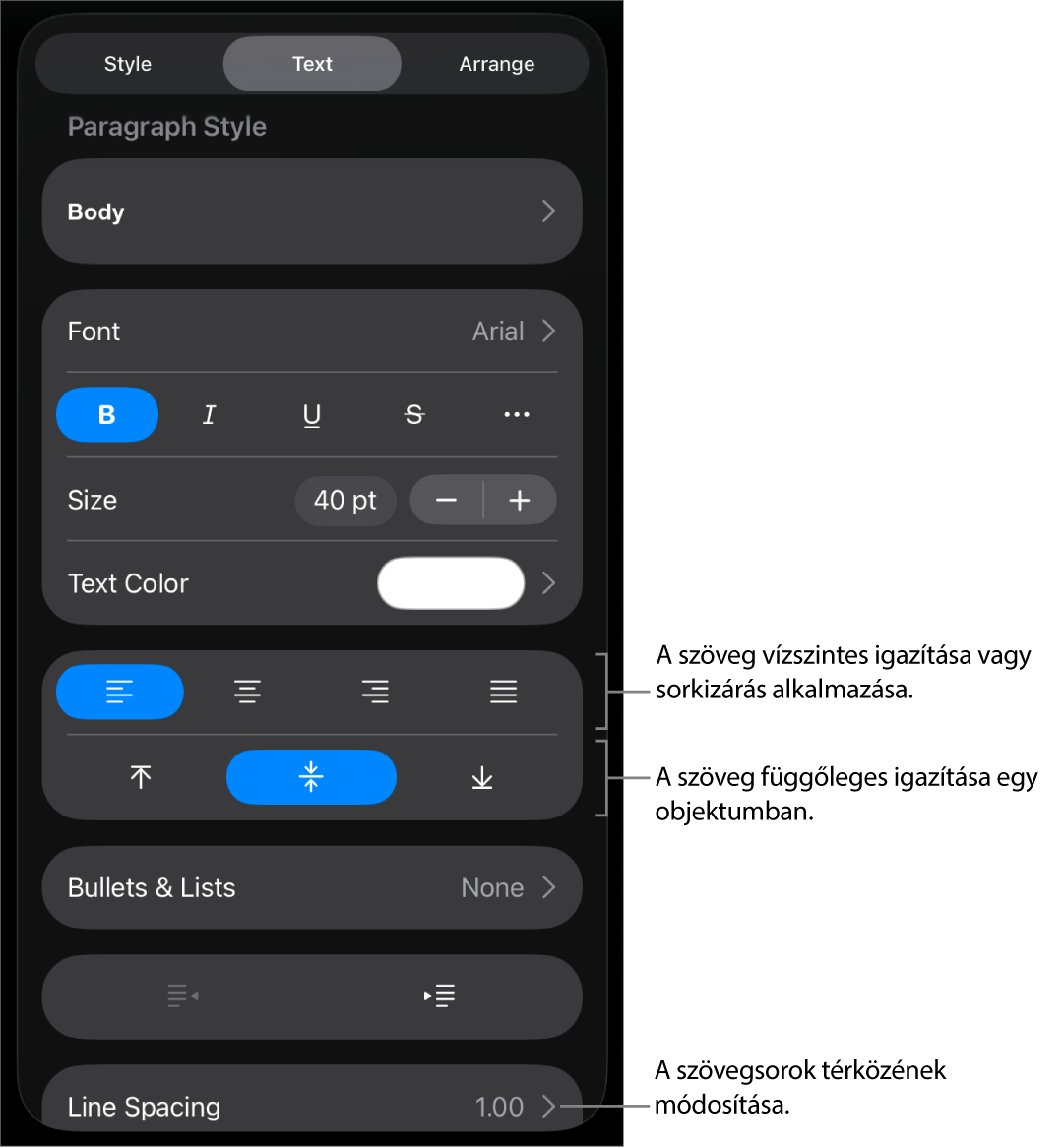 Az Elrendezés panel a szövegigazítási és térköz-beállítási gombokat ismertető feliratokkal.