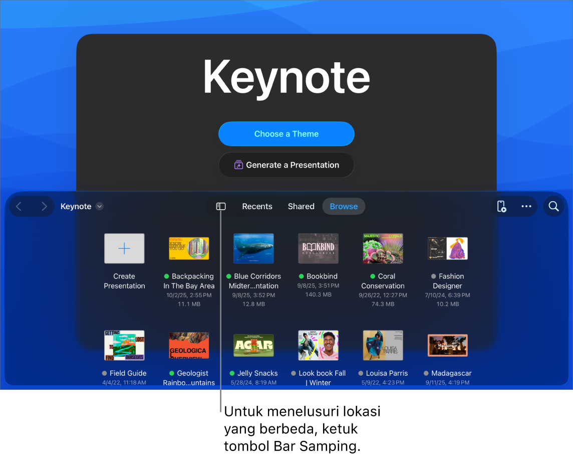 Pengelola dokumen dengan tombol untuk memilih tema dan memulai presentasi dari kerangka di bagian atas layar, dan browser dokumen dengan presentasi bersama di bagian bawah.