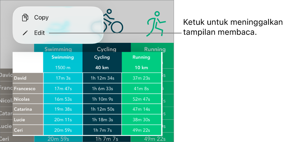 Sel tabel dipilih, dan di atasnya terdapat menu dengan tombol Salin dan Edit.