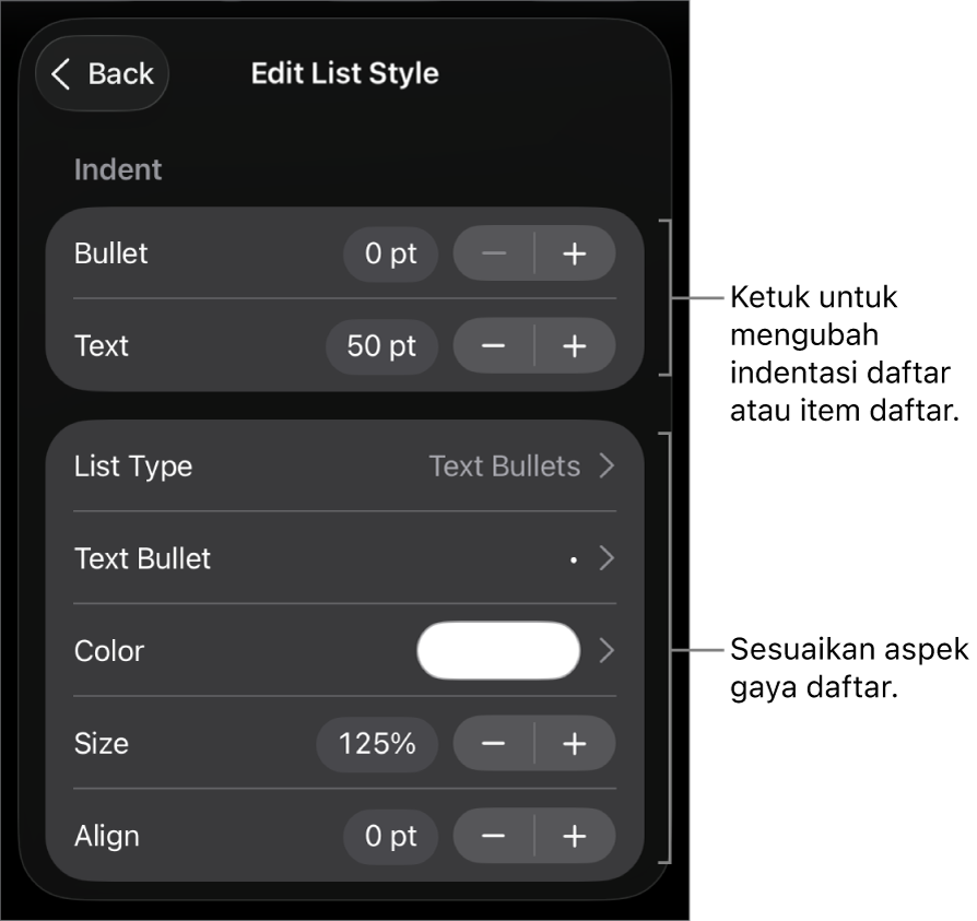 Menu Edit Gaya Daftar dengan kontrol untuk mengedit jenis dan tampilan daftar.