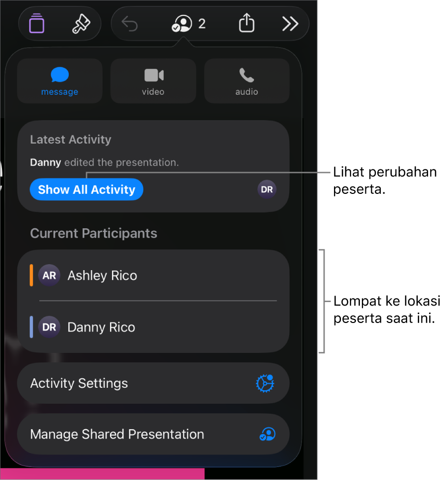 Menu kolaborasi dengan peserta saat ini terdaftar.