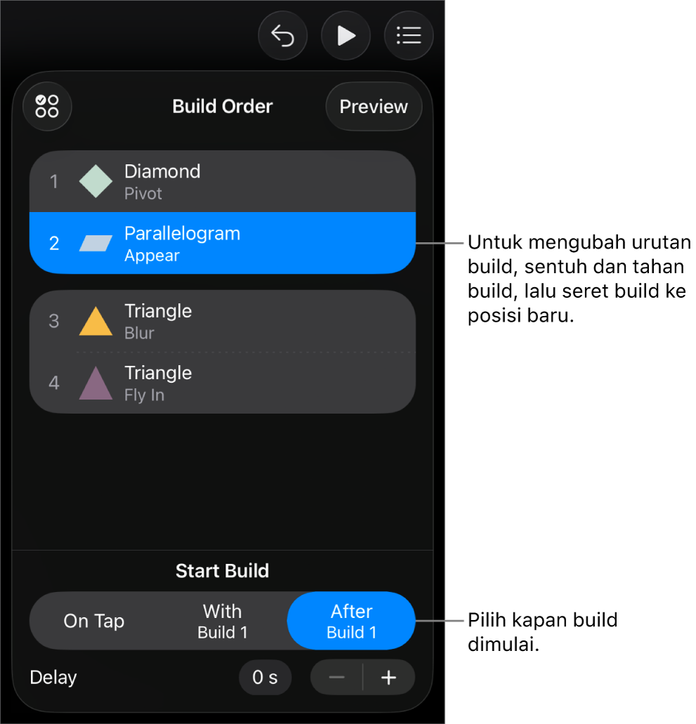 Daftar Urutan Build menampilkan efek mulai dengan tanda kuning dan efek selesai dengan tanda abu-abu.