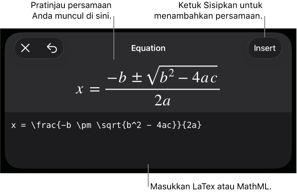 Dialog Persamaan, menampilkan sebuah persamaan ditulis menggunakan perintah MathML, dan pratinjau formula di atas.