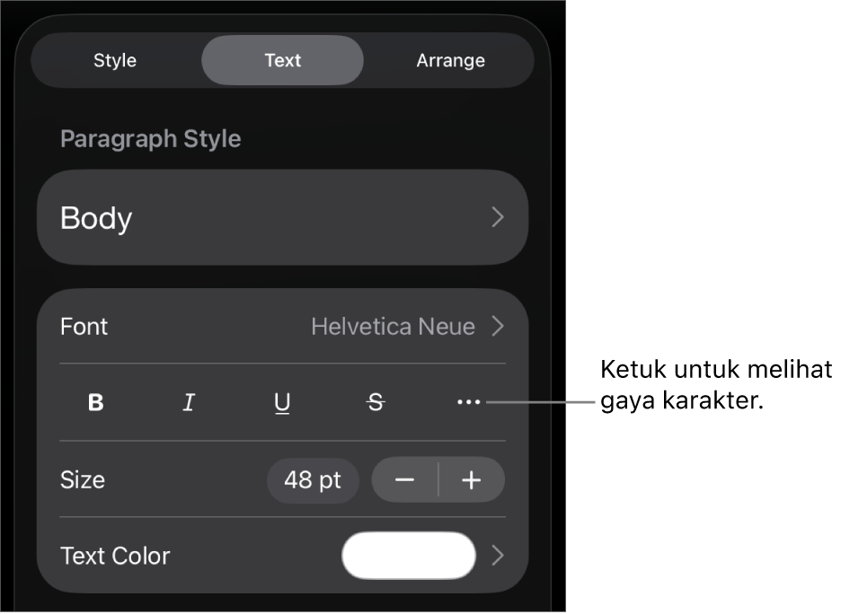 Kontrol Format dengan gaya paragraf di bagian atas, lalu kontrol Font. Di bawah Font terdapat tombol Tebal, Garis Bawah, Coret, dan Pilihan Teks Lainnya.