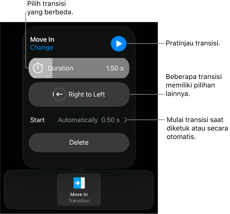 Kontrol di panel Pilihan untuk memodifikasi transisi.