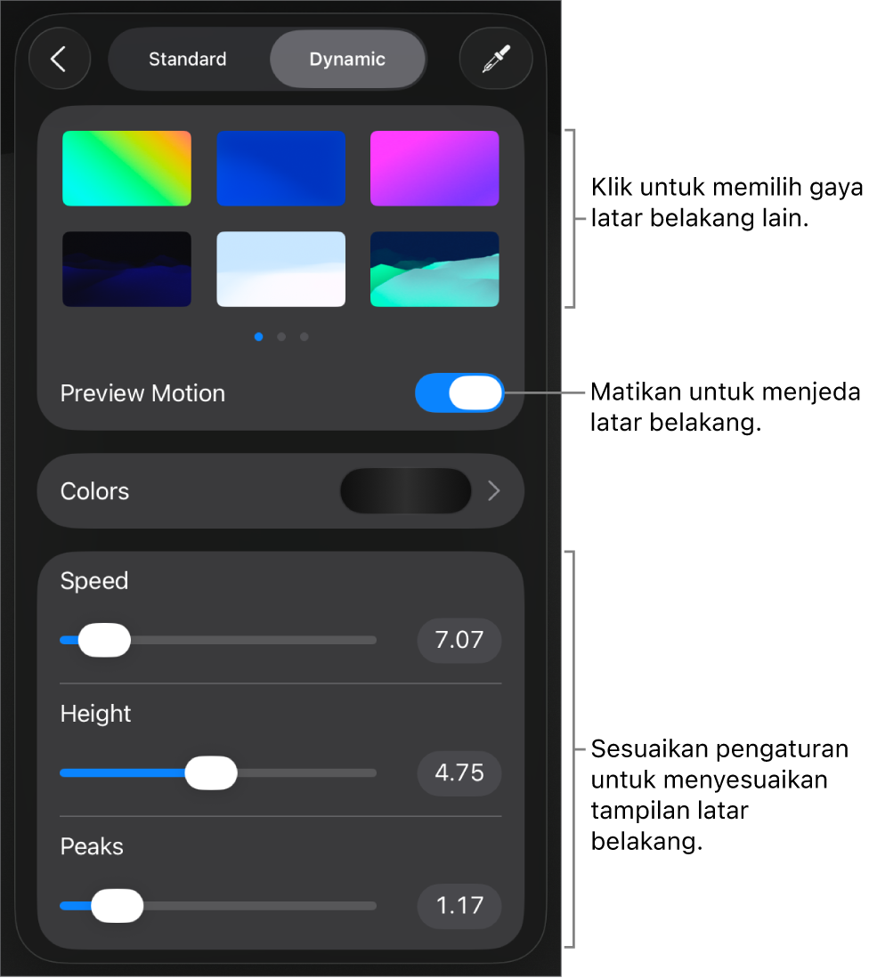 Kontrol latar belakang dinamis dengan gambar mini gaya latar belakang, tombol Pratinjau Gerakan, dan kontrol penyesuaian ditampilkan.