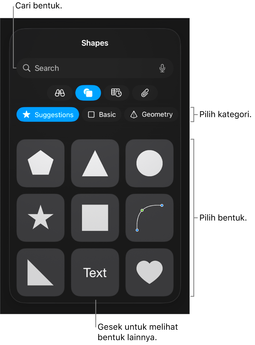 Perpustakaan bentuk, dengan kategori di bagian atas dan bentuk ditampilkan di bawah. Anda dapat menggunakan bidang pencarian di bagian atas untuk menemukan bentuk dan menggesek untuk melihat lainnya.