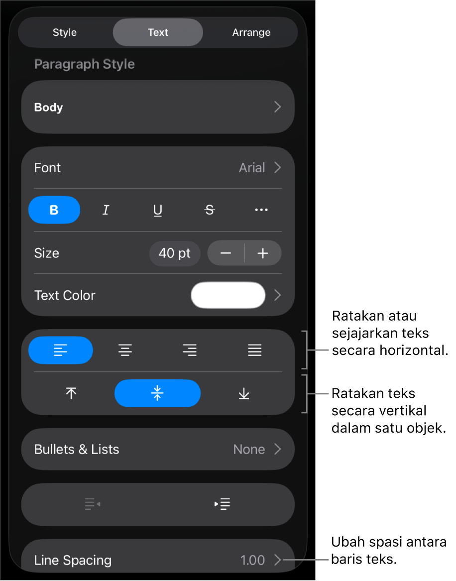 Panel Tata Letak dengan keterangan pada tombol perataan teks dan spasi.