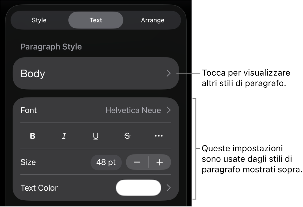 Menu Formato con controlli di testo per impostare stili carattere e paragrafo, font, dimensione e colore.