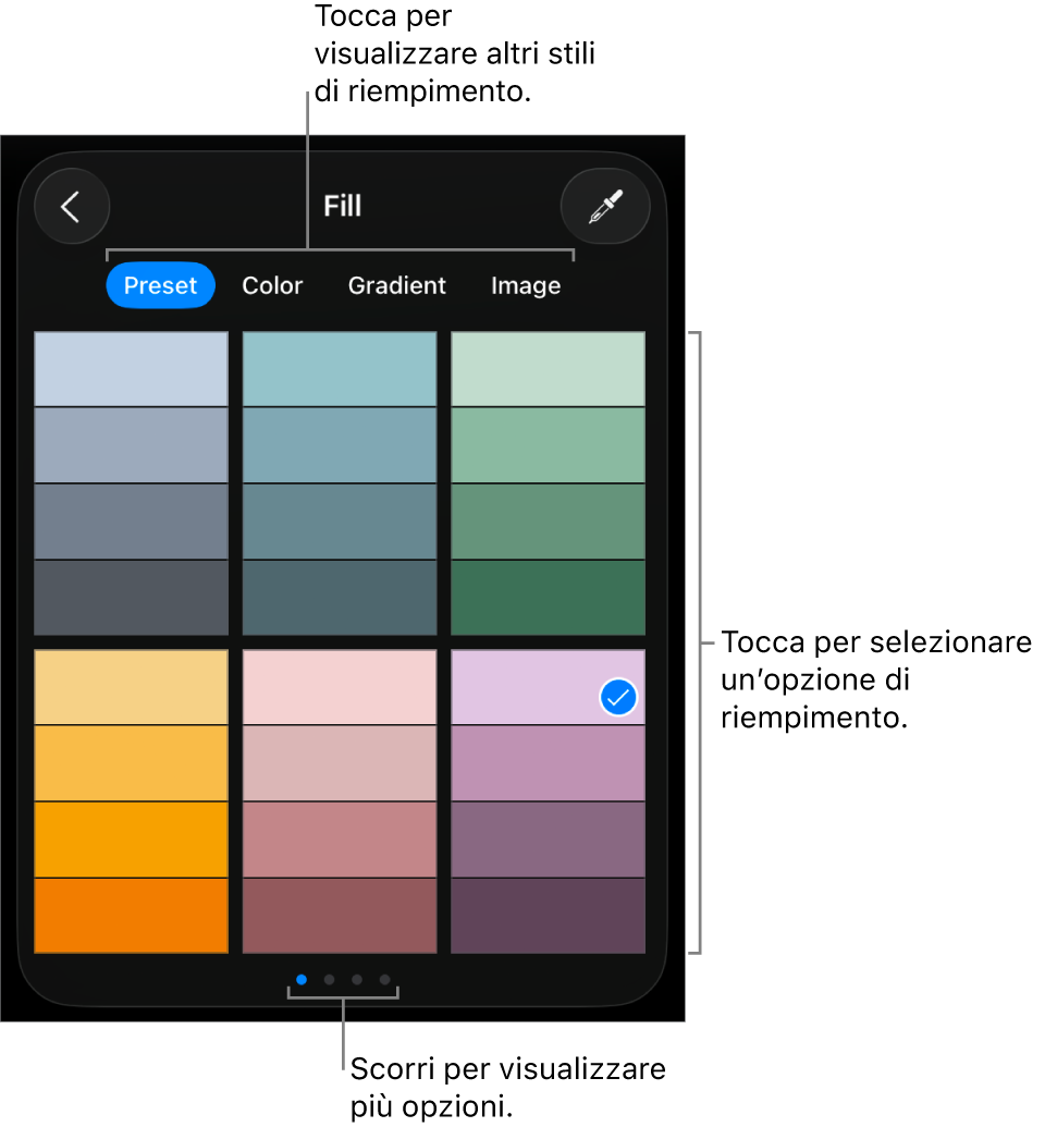 Opzioni di riempimento nel pannello Stile.