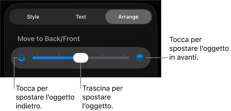 Pulsante sposta indietro, pulsante sposta avanti e cursore livelli.