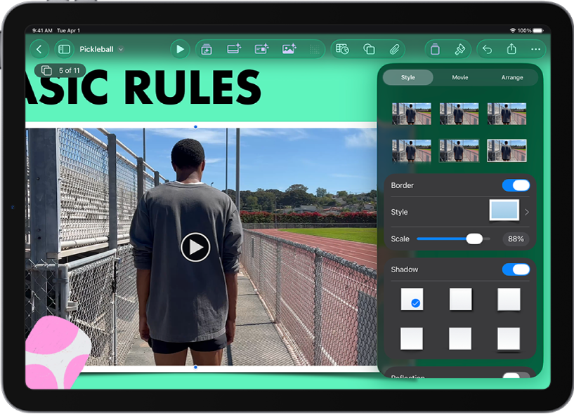 I controlli Formato per modificare le dimensioni e l’aspetto del video selezionato. I pulsanti Stile, Filmato e Disposizione si trovano nella parte superiore dei controlli.