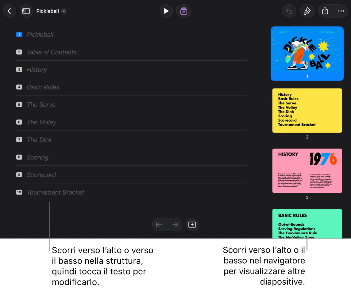 Vista struttura con una struttura del testo di una presentazione sul lato sinistro dello schermo e il navigatore diapositive verticale sul lato destro.