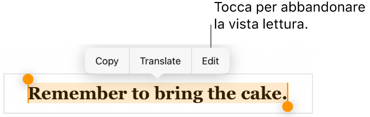 Viene selezionata una frase e al di sopra di essa si trova un menu contestuale con i pulsanti Copia e Modifica.