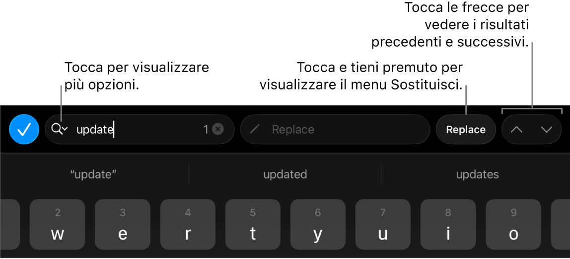 I controlli di “Trova e sostituisci” sopra alla tastiera con le didascalie delle opzioni di Ricerca, Sostituisci e i pulsanti “Freccia su” e “Freccia giù”.
