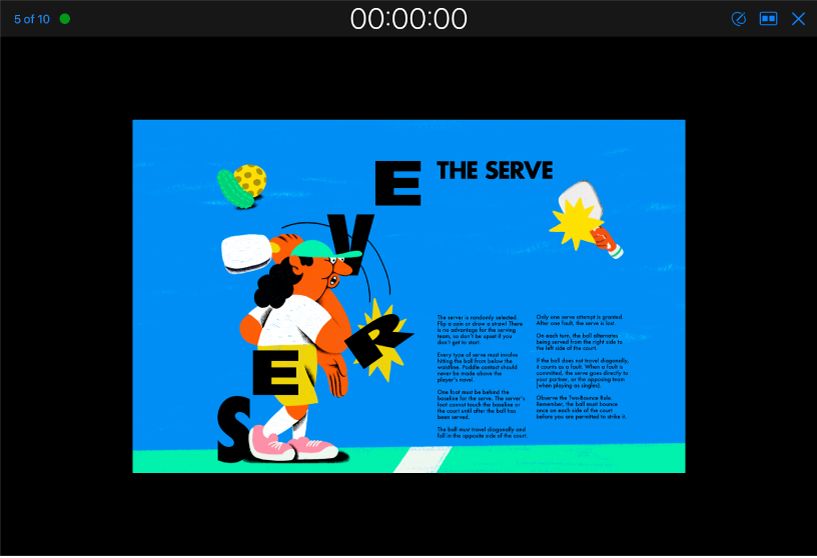 L’app Keynote che mostra la vista presentatore. La diapositiva corrente appare al centro dello schermo. Nella parte superiore dello schermo appare una barra strumenti con il numero delle diapositive a sinistra, il timer della presentazione al centro e i pulsanti Disegna, Layout ed Esci a destra.