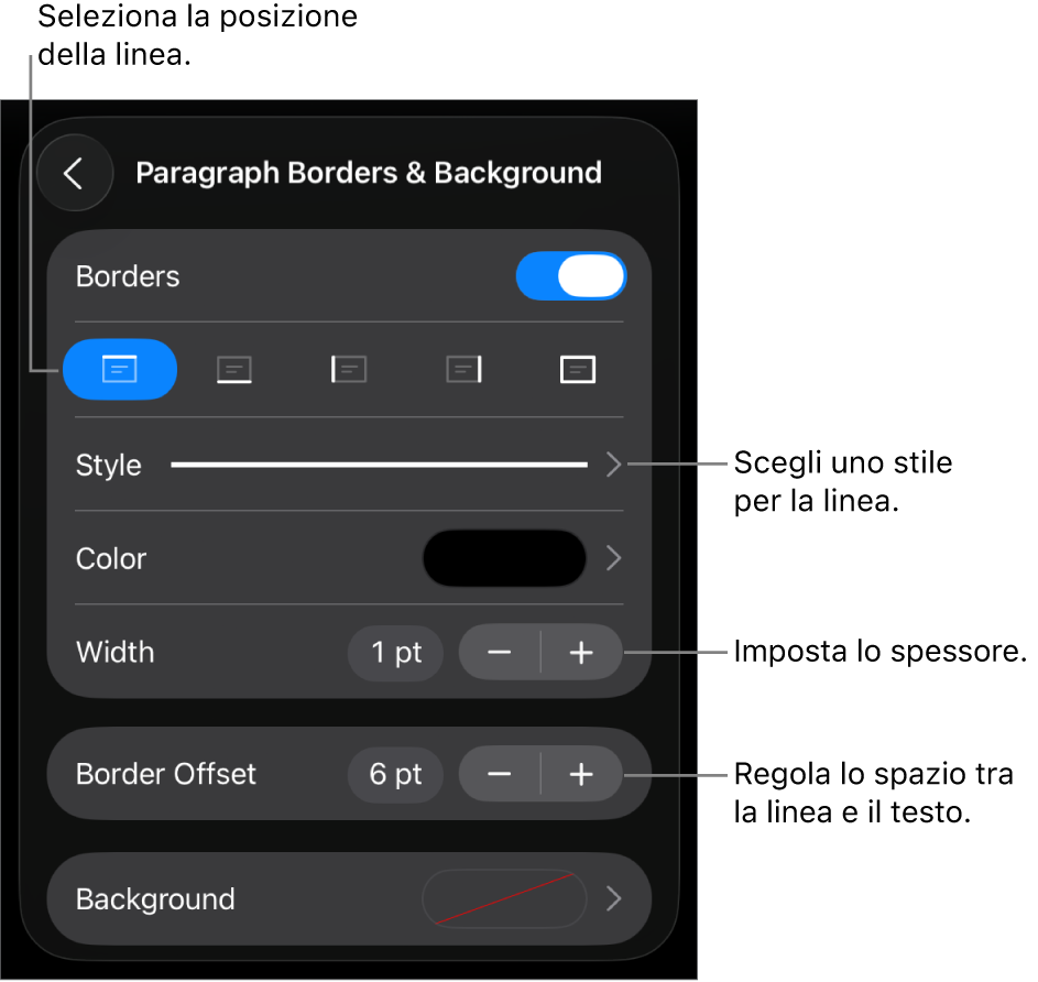Controlli per modificare lo stile, lo spessore, la posizione e il colore della linea.