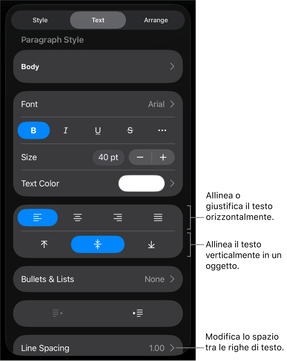 Pannello Layout con didascalie per i pulsanti di allineamento e spaziatura del testo.