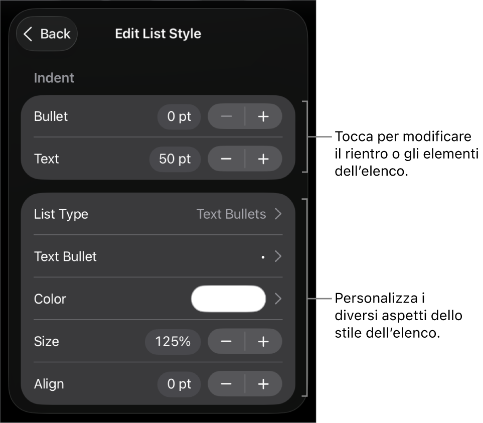 Menu “Modifica stile elenco” con controlli per modificare il tipo e l’aspetto dell’elenco.