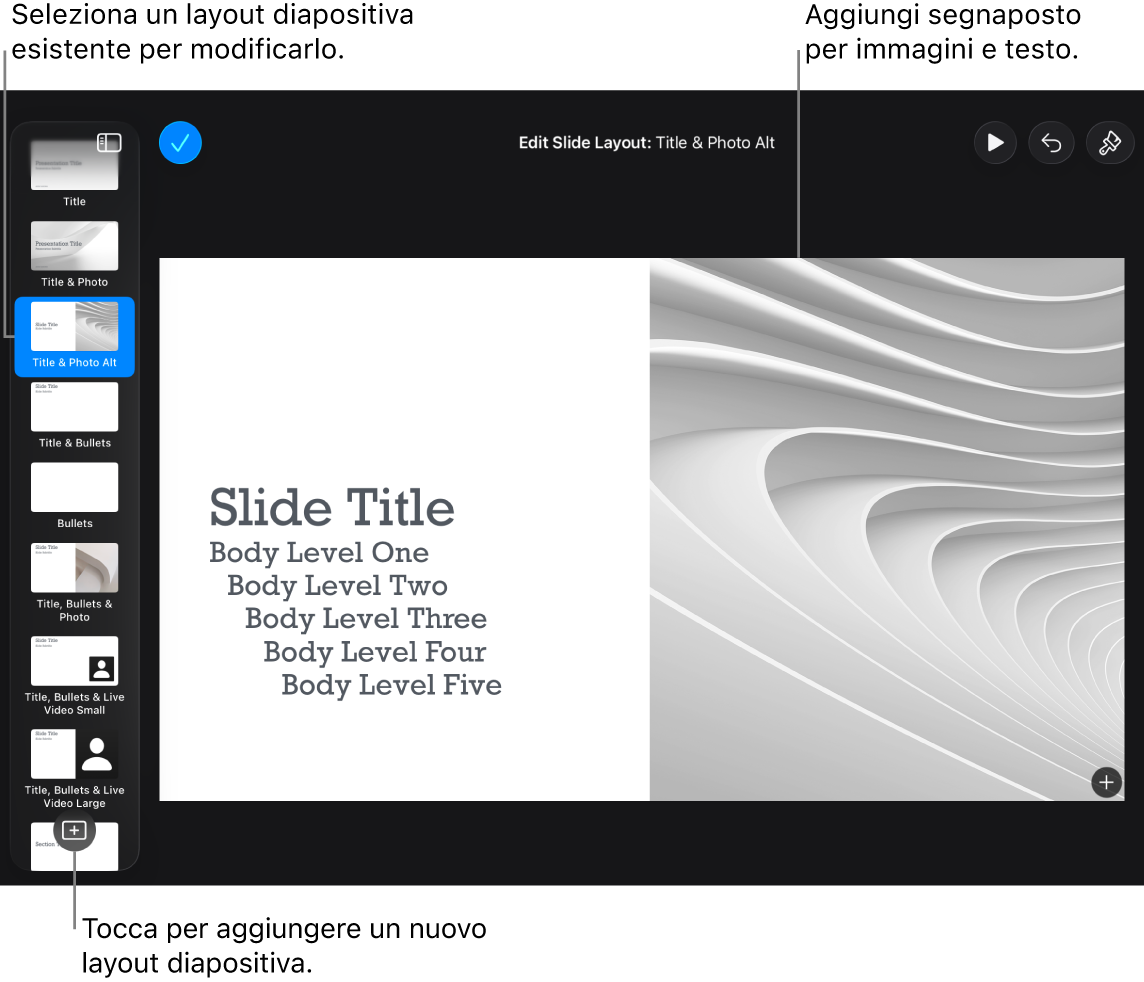 Una layout diapositiva nell’area di lavoro, con il pulsante “Aggiungi layout diapositiva” in fondo al navigatore diapositive.