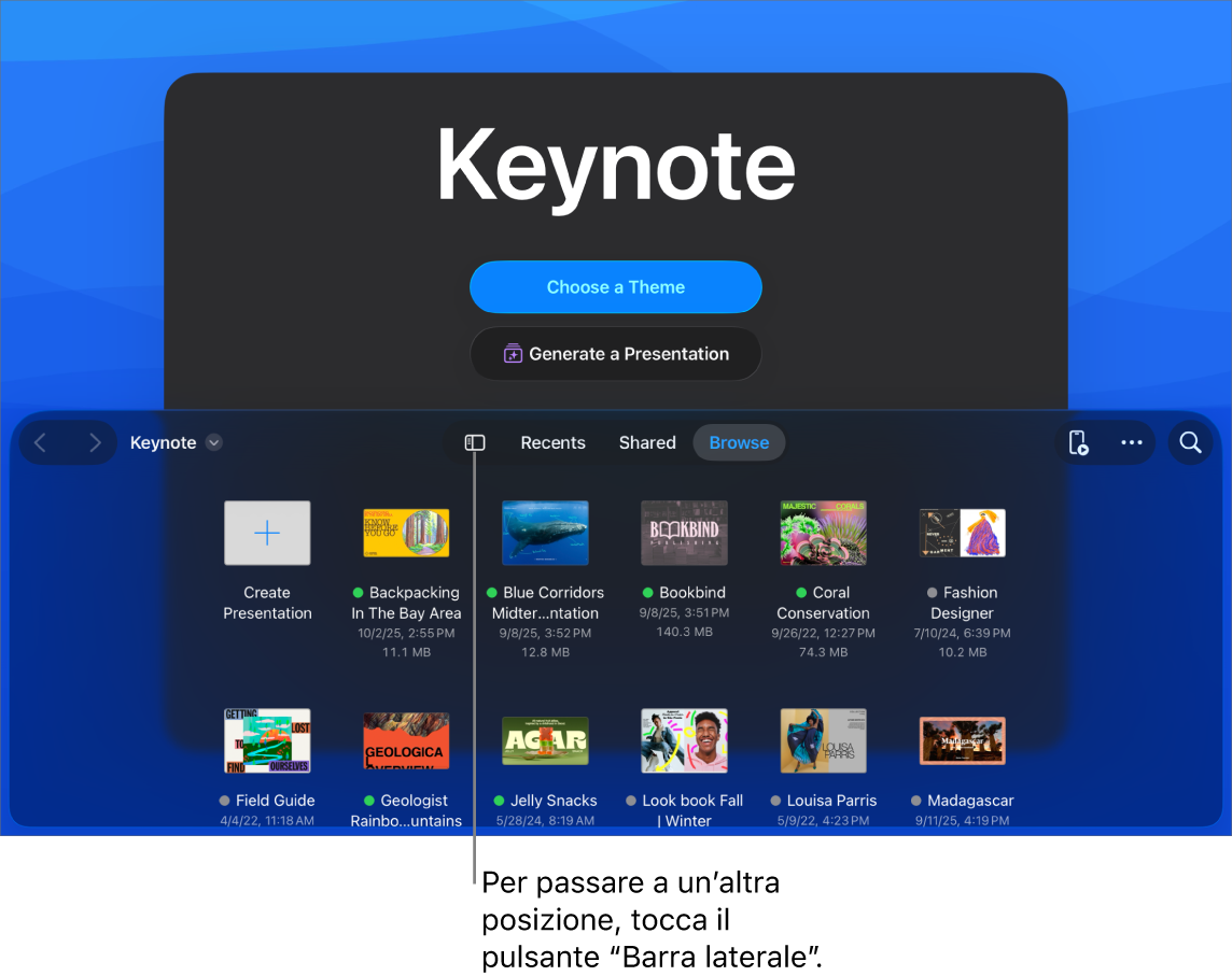 Il gestore documenti con i pulsanti per scegliere un tema e avviare una presentazione da una bozza nella parte superiore dello schermo e il browser dei documenti con la presentazione condivisa nella parte inferiore.
