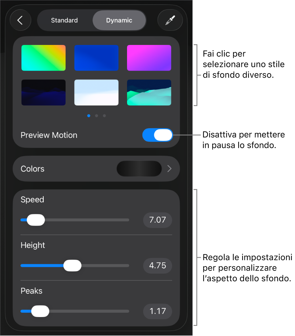 I controlli dello sfondo dinamico con mostrati le miniature dello stile di sfondo, il pulsante “Anteprima movimento” e i controlli di personalizzazione mostrati.