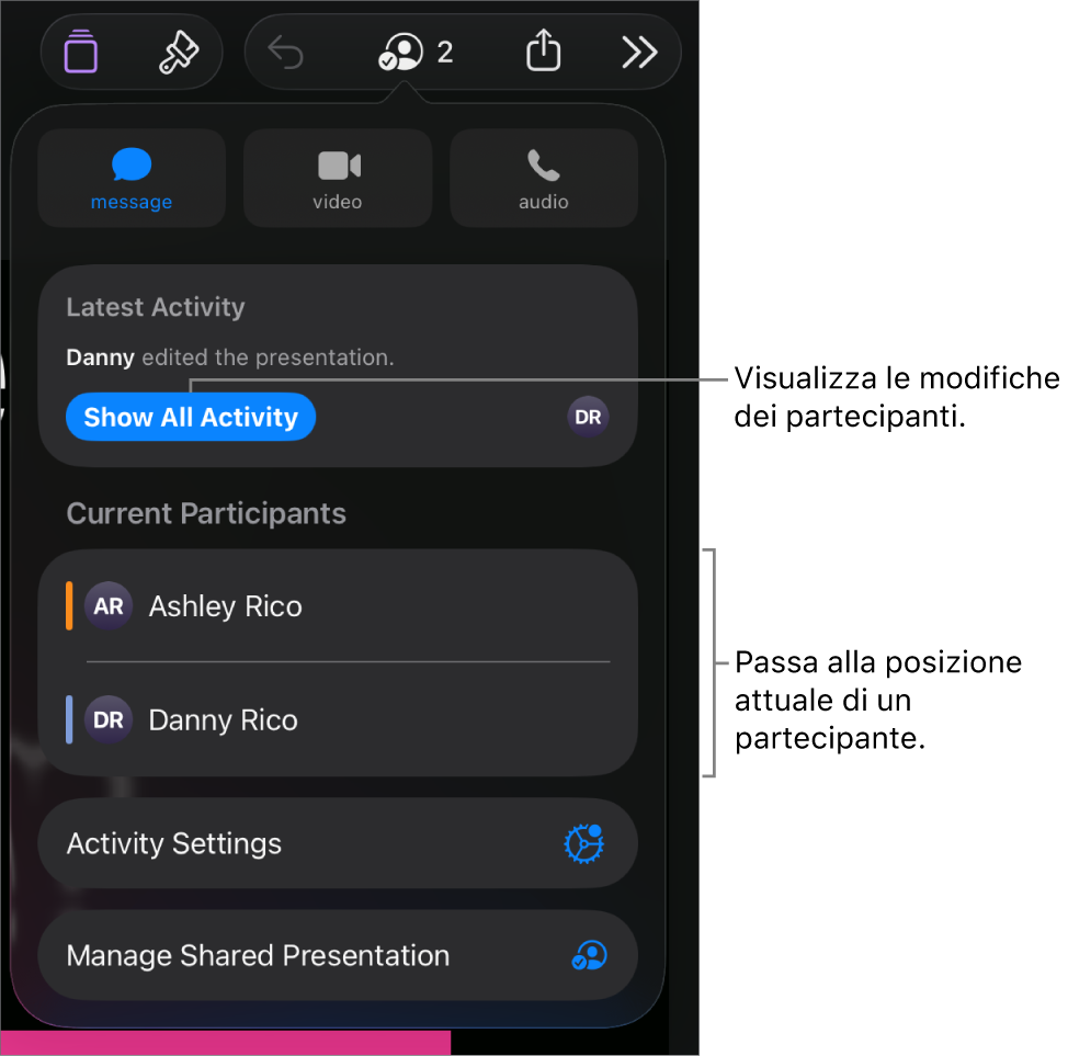 Il menu per la collaborazione i partecipanti attuali elencati.