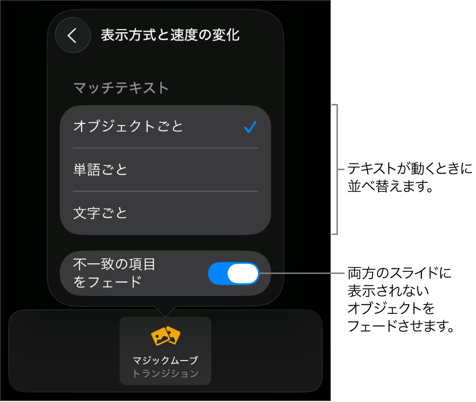 「速度の変化」パネルに表示されている、「マジックムーブ」の表示方式と速度の変化のオプション。