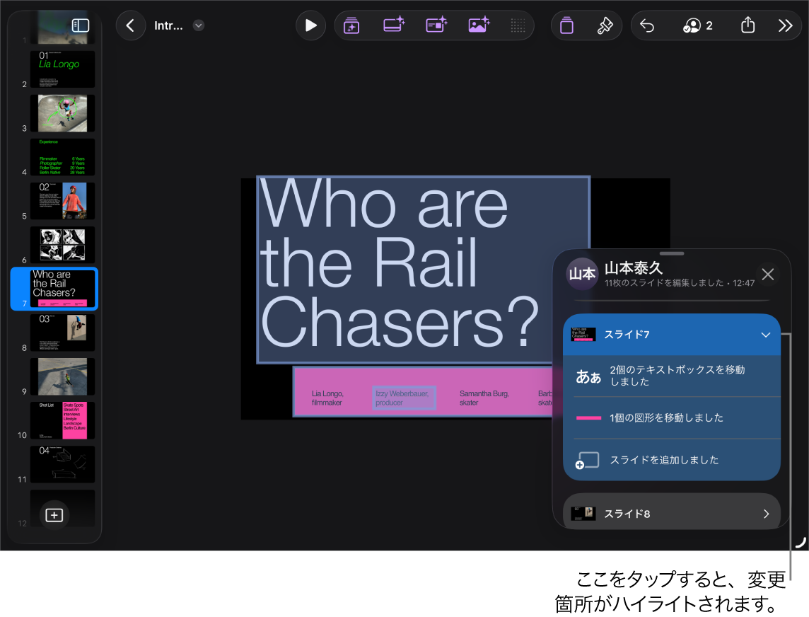共同作業プレゼンテーション。アクティビティリストが開いています。