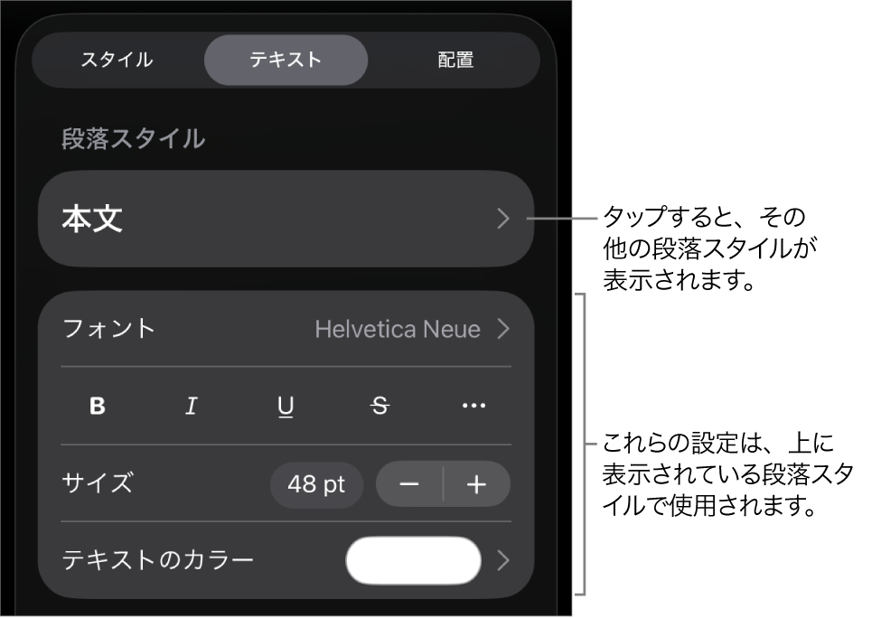 「フォーマット」メニュー。段落と文字のスタイル、フォント、サイズ、色を設定するためのテキストコントロールが表示されています。