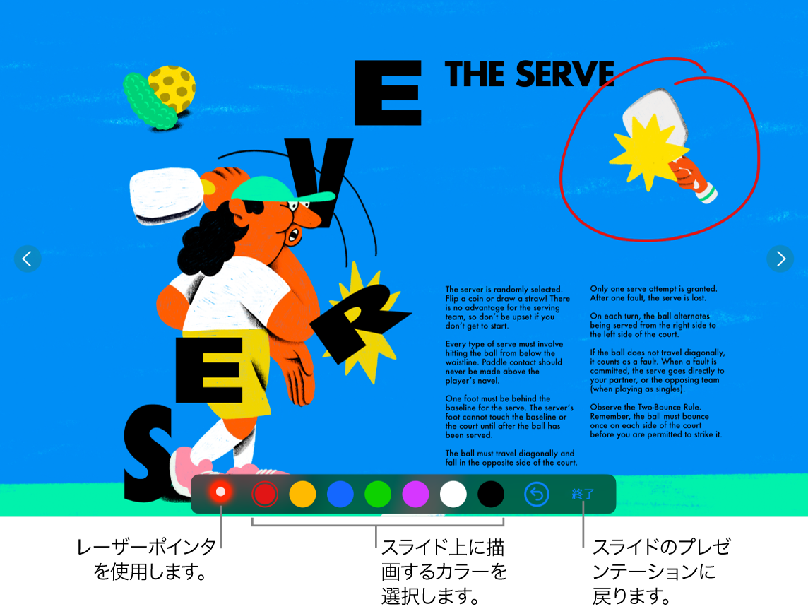 スライドの描画モードのスライド。レーザーポインタおよびカラー選択コントロールが表示された状態。