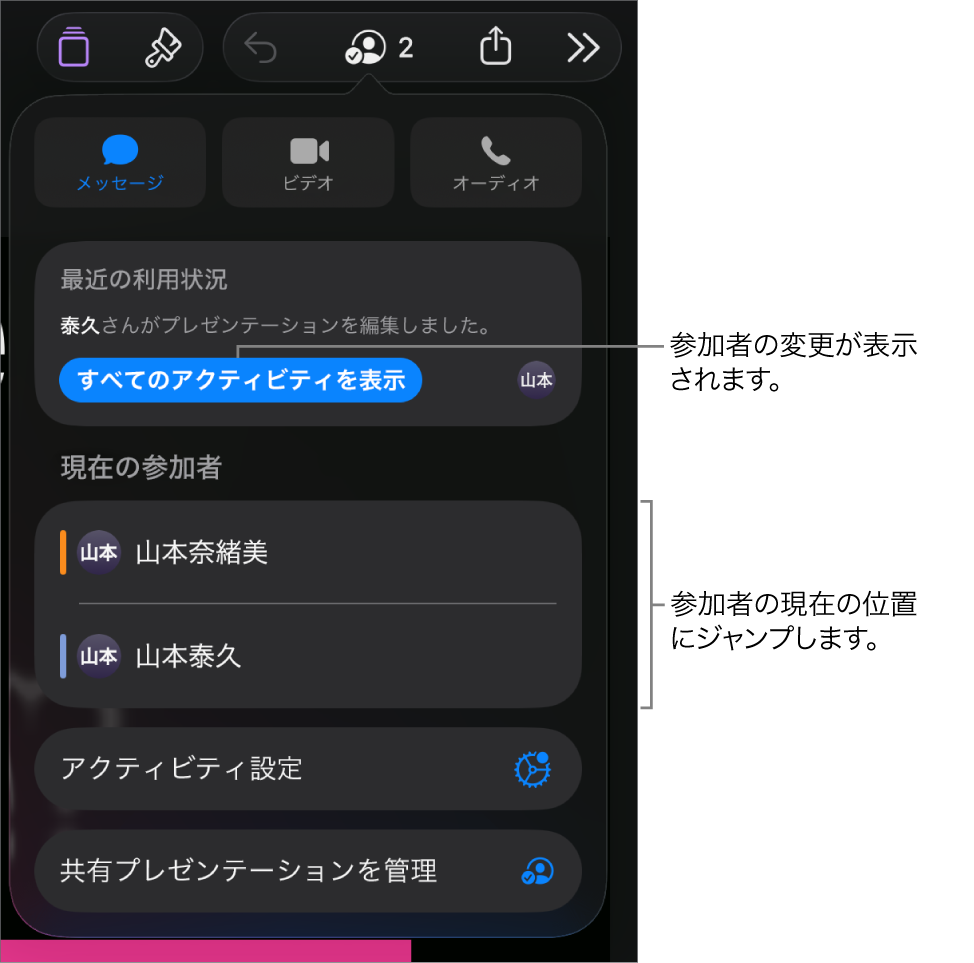 「共同作業」メニュー。現在の参加者が表示されています。