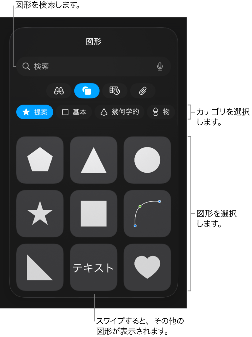 図形ライブラリ。上部にカテゴリがあり、下に図形が表示されています。上部の検索フィールドを使って図形を探したり、スワイプしてほかの図形を表示したりできます。