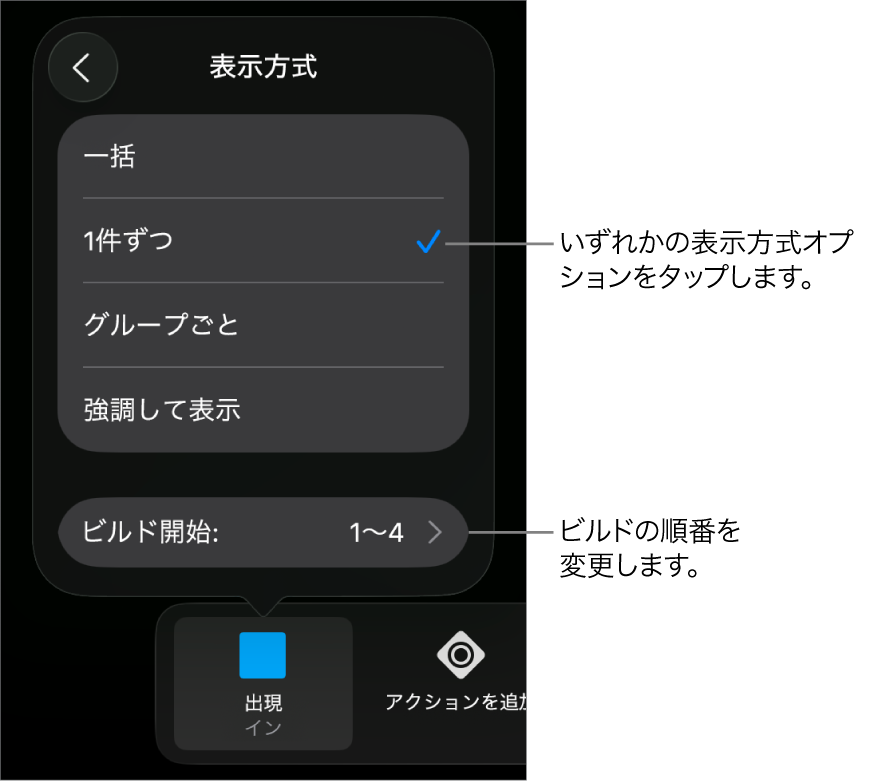 「イン」パネルの「表示方式」のオプション。