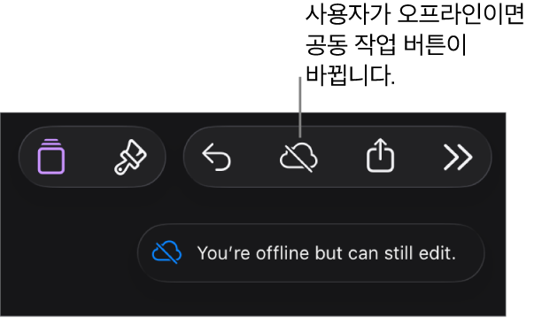 화면 상단의 버튼 중, 공동 작업 버튼이 대각선이 있는 구름으로 바뀜. ‘오프라인이지만 편집할 수는 있습니다.’라는 경고가 화면에 있음.