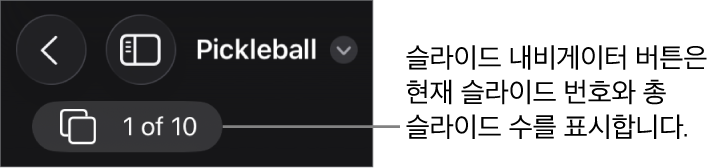 현재 슬라이드 번호 및 프레젠테이션의 총 슬라이드 개수를 표시하는 슬라이드 내비게이터 버튼.