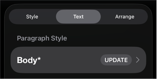 옆에 별표가 있고 오른쪽에 업데이트 버튼이 있는 단락 스타일.