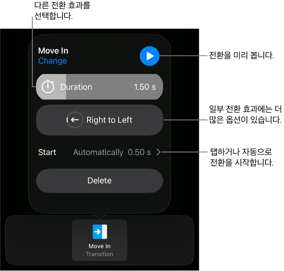 전환 효과를 수정하는 옵션 패널에 있는 제어기.