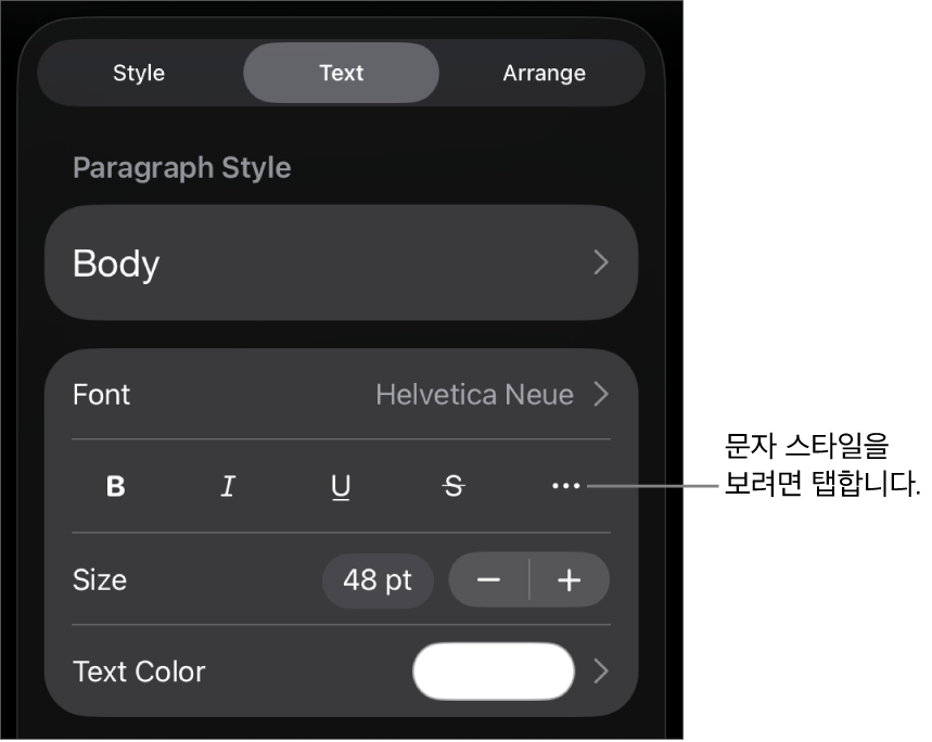 상단에 단락 스타일이 있고 그 아래에 서체 제어기가 있는 포맷 제어기. 서체 아래에는 볼드체, 이탤릭체, 밑줄체, 취소선 및 추가 텍스트 옵션 버튼이 있음.