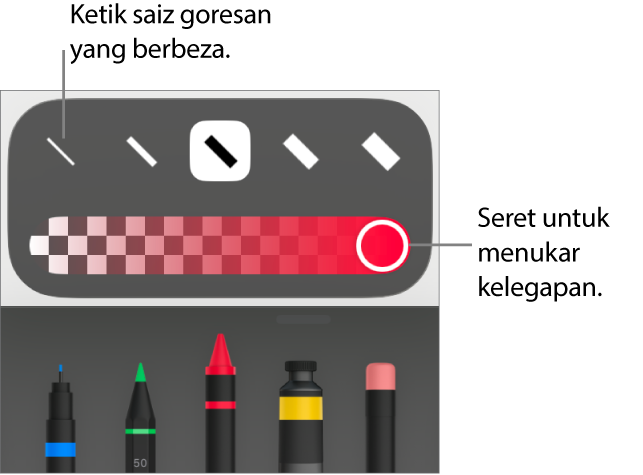 Kawalan untuk memilih saiz goresan dan gelangsar untuk melaraskan kelegapan.