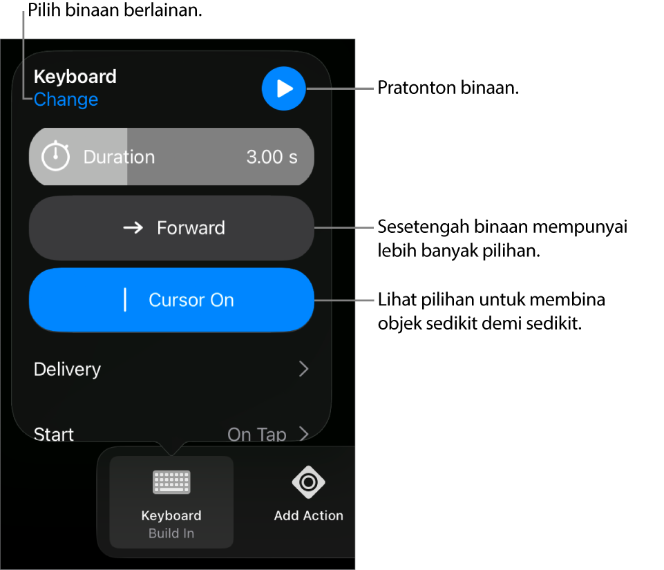 Pilihan binaan menyertakan pemasaan Tempoh, Penghantaran dan Masa. Ketik Tukar untuk memilih binaan yang berbeza, atau ketik Pratonton untuk pratonton binaan.