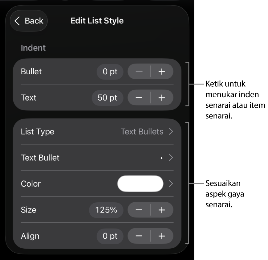 Menu Edit Gaya Senarai dengan kawalan untuk mengedit jenis dan penampilan senarai.
