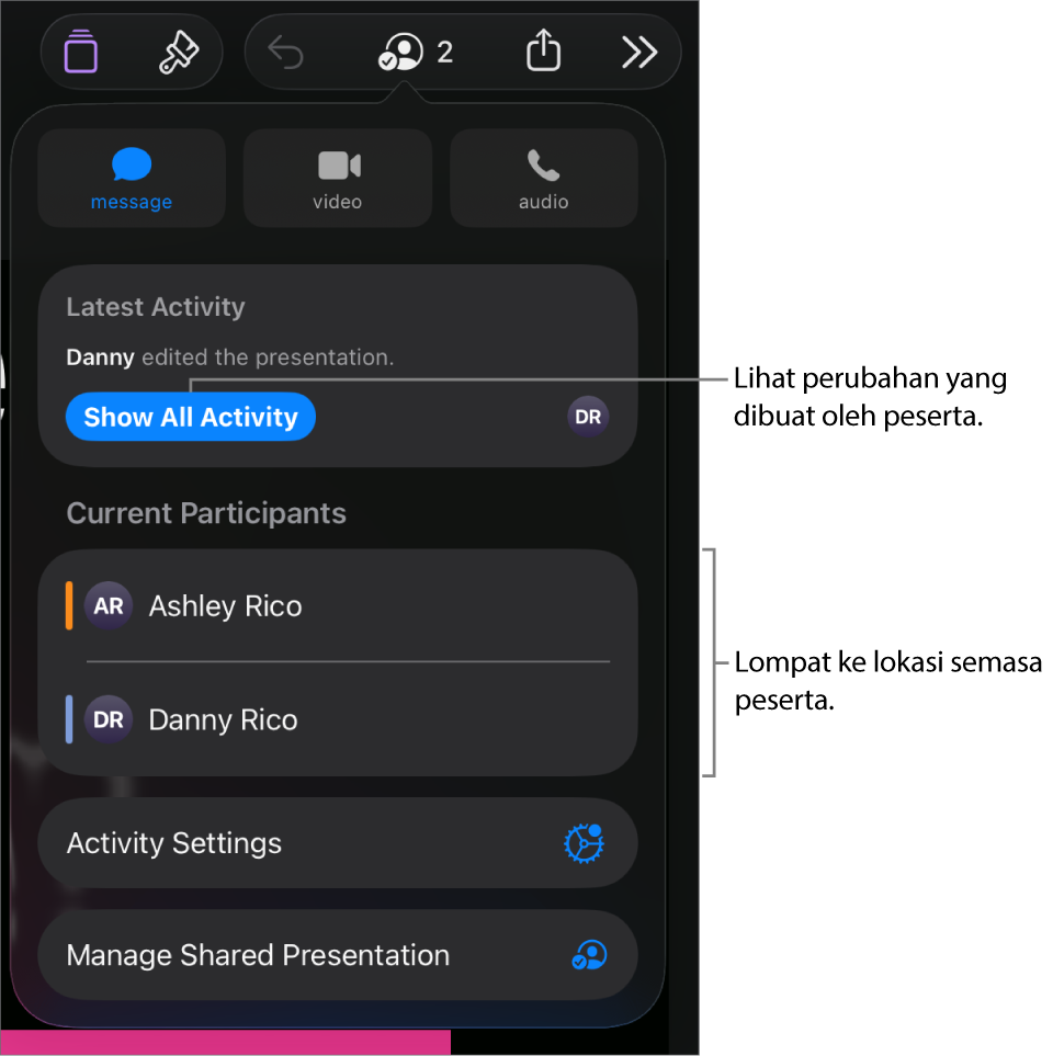 Menu kerjasama dengan peserta semasa disenaraikan.